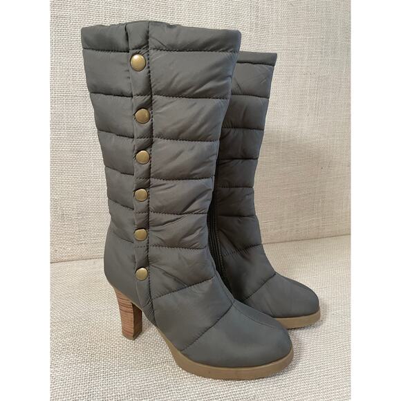 Puffer Studded Heels Boots! Olive Green, Wood look heel, platform, Ladies 9 - Picture 1 of 14